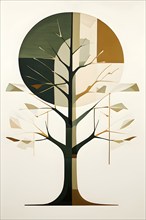 Abstract geometric tree with a circular canopy and a rectangular trunk, arranged in a clean,