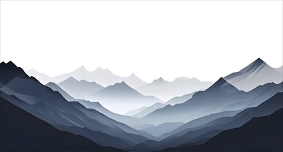 Abstract mountain range made of clean, geometric shapes with varying tones of grey and white, AI