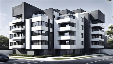 Rendering of a modern real estate apartment building in clean geometric forms in black and white,