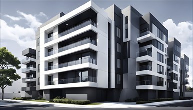 Rendering of a modern real estate apartment building in clean geometric forms in black and white,