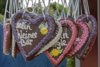 Gingerbread hearts with inscription made of coloured sugar, icing, gingerbread, Southern