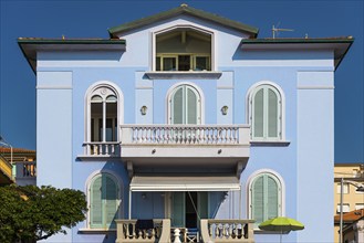 House, property, blue, coloured, facade, balcony, estate, Italy, Europe