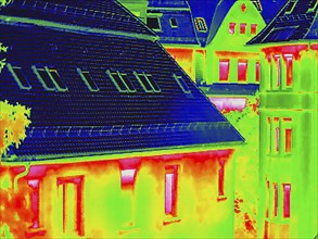 Apartment block, facade of a residential building with windows. Thermal image or thermography,