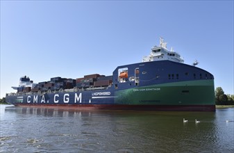 Container ship CMA CGM Ermitage sailing in the Kiel Canal, Kiel Canal, Schleswig-Holstein, Germany,