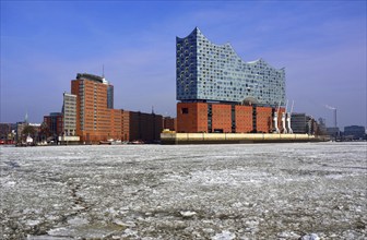 Europe, Germany, Hamburg, Elbe, View from the water to the Elbe Philharmonic Hall in winter with