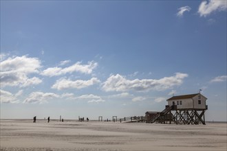 Pile dwelling on the beach, Sankt Peter-Ording, Eiderstedt, North Frisia, Schleswig-Holstein,