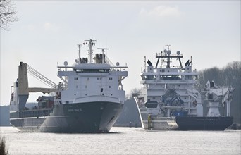 Offshore wind farm supply ship Deep Cygnus in the Kiel Canal, Schleswig-Holstein, Germany, Europe