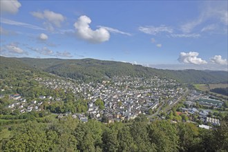 View from Nassau Castle to cityscape with Lahn valley and Westerwald, view downwards, aerial view,