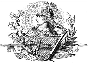 Symbols of the wars of liberation 1813-14, inscription, laurel leaf, eagle, sword, harp, goddess of