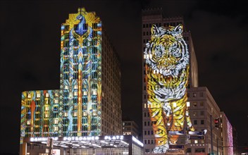 Festival of Lights, a tiger and a bird can be seen during a light installation on buildings at