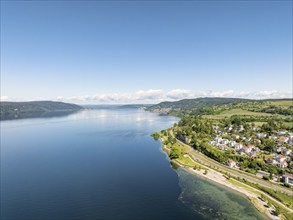 Aerial view of Lake Constance with the Landesgartenschaugelände and Uferpark, Goldbach, Überlingen,