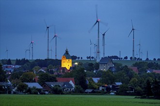 Wind farm above the village of Lichtenau, self-proclaimed energy town, houses with photovoltaic