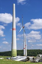 Repowering of a wind farm, near Brilon-Radlinghausen, 2 old turbines are demolished, rotors and