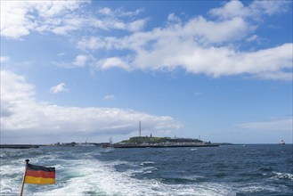 View from south-west to the high sea island Helgoland, harbour facilities, cliff coast, Unterland