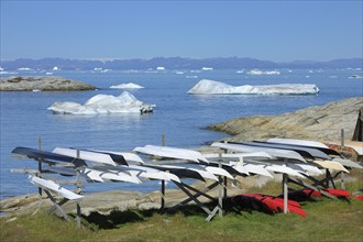 Sea kayak on stand, Ilulissat, Icefjord, Disko Bay, Qaasuitsup, Greenland, Polar Regions, Arctic,