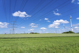 Wind farm near Brilon-Radlinghausen, high-voltage power lines, Sauerland, North Rhine-Westphalia,