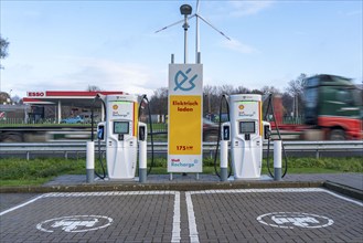 Motorway filling station, electric charging station, Power Charger, Shell Recharge, on the A76,