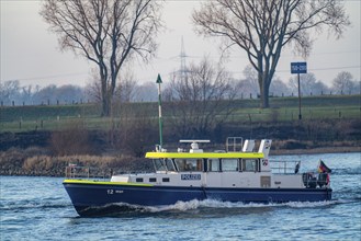 Boat of the water police, WSP 12, from Duisburg, patrol, behind cooling tower of the coal-fired