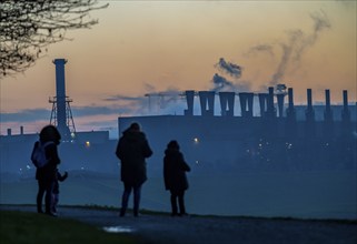 Rhine at Duisburg-Bruckhausen, steelworks Thyssenkrupp Steel, walkers on the Rhine dyke, winter,