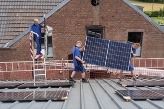 Installation of solar modules on the roof of a barn on a farm, over 240 photovoltaic modules are