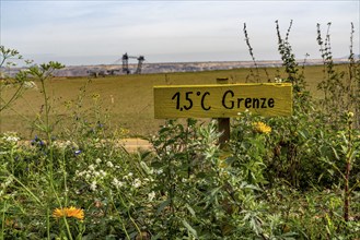 So-called 1.5°C border on the edge of the lignite mining area at the Garzweiler II open-cast mine,