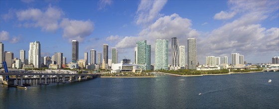 USA, Miami harbor panoramic skyline from cruise ship departing to Caribbean vacation, North America