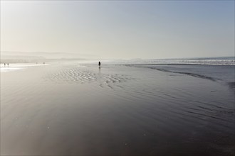 Silouette of people walking on beach at low tide, Taghazout, Morocco, North Africa, Africa