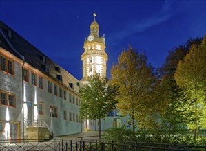 Ehrenstein Castle, a well-preserved Renaissance castle, with castle garden, illuminated at dusk.