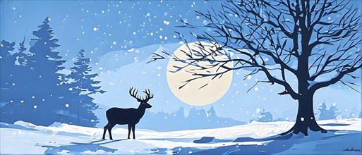 Abstract minimalist winter scene with a single, sharp silhouette of a deer and of a snow-covered