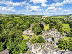 Skipton Castle from a drone, North Yorkshire, England, United Kingdom, Europe