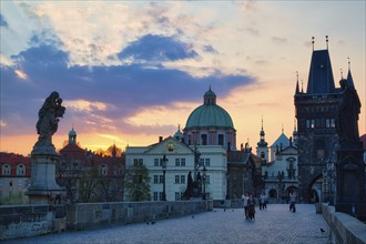 Charles Bridge with Old Town Bridge Tower, morning atmosphere, Prague, Czech Republic, Europe