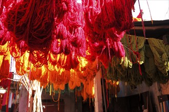 In the dyers' souk in Marrakech, Morocco, Africa