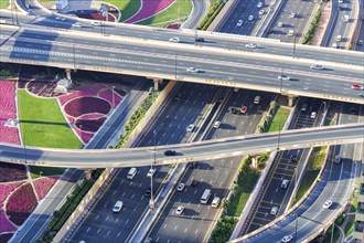 Intersection of Sheikh Zayed Road Traffic on the road near the Burj Khalifa in Dubai, United Arab