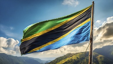 Flags, the national flag of Tanzania flutters in the wind