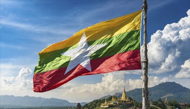 Flags, the national flag of Myanmar flutters in the wind