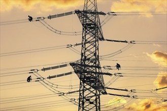 Overhead line fitters working on a high-voltage pylon, overhead lines, energy, worker, high-voltage