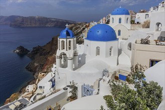 Santorini, Oia, blue domes, churches Agios Spyridon Agios Anastasis, Cyclades, Greece, Europe