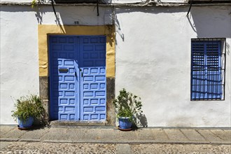 Blue door in whitewashed façade, Old Town of Cordoba, Córdoba, Andalusia, Spain, Europe