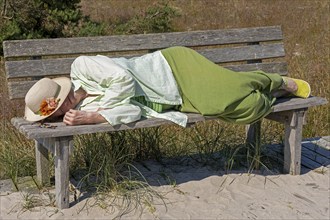 Elderly woman sleeping on a bench, nap, circular hiking trail, nature reserve, Darßer Ort, Born a.