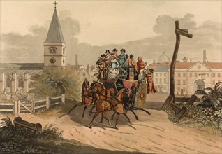 Departure of an overcrowded carriage, 1816, England, Historical, digitally restored reproduction