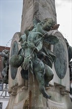 Figures at the Luitpold Fountain, erected in 1899, market square, Kulmbach, Upper Franconia,