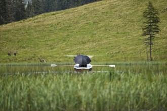 Holidaymaker with parasol in a rowing boat on the mountain lake Steirischer Lake Constance,