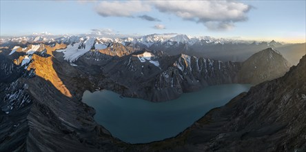 Evening mood, mountain panorama, aerial view, 4000 metre peak with glacier, mountain pass and