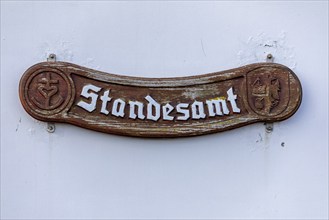 Registry office sign on excursion boat, harbour, Strucklahnungshörn, Nordstrand, Nordfriesland,