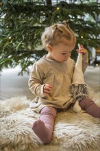 A toddler plays with a Christmas elf in front of a decorated tree