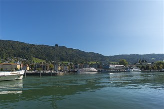 Bregenz on Lake Constance, harbour with excursion boats, cityscape, Bregenzerwald, capital of