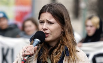 Luisa Neubauer speaks during a demonstration by Fridays for Future for compliance with climate