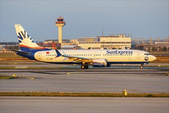 A Boeing 737-8 MAX aircraft of SunExpress with the registration TC-SMD at the airport in Frankfurt,