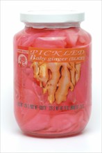 Sweet and sour pickled ginger from Korea, ginger slices in a jar