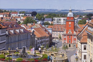 Water art and town hall tower, Gotha, Thuringia, Germany, Europe